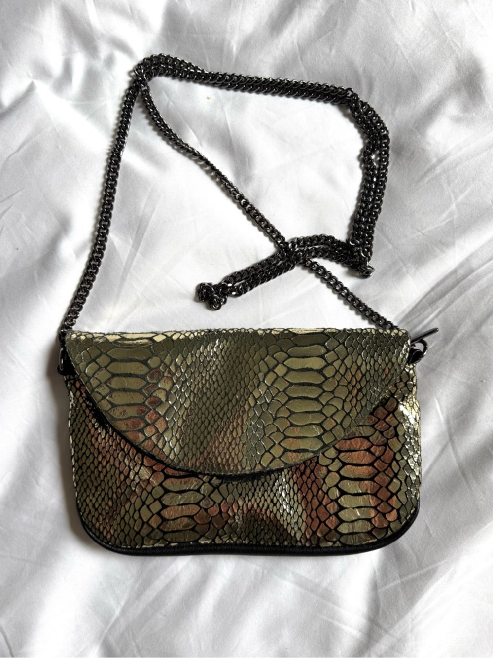 Topshop Metallic Gold Snake Print Leather Mini (wallet) Bag with Chrome Chain